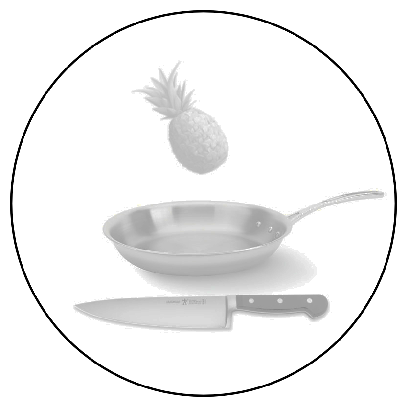 a circle icon with a pineapple, a sauté pan, and a chef's knife